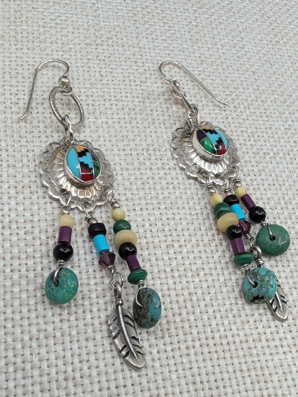 Vintage Masha 925 Sterling Inlay Concho Dreamcatcher Earrings - Picture 15 of 17